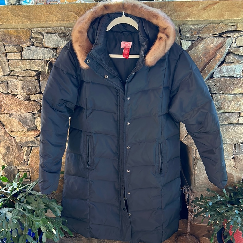 Black Down Filled Large Coat; Removable Fur Lined Hood; Below Knee Length